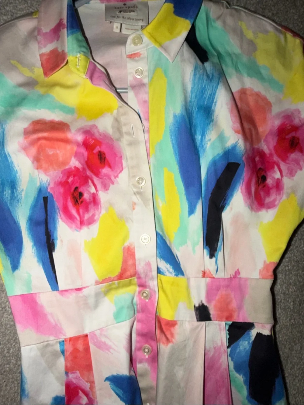 Kate Spade Short‑Sleeve Watercolor Shirt Dress – Painterly Floral Dip‑Tone Sz 0